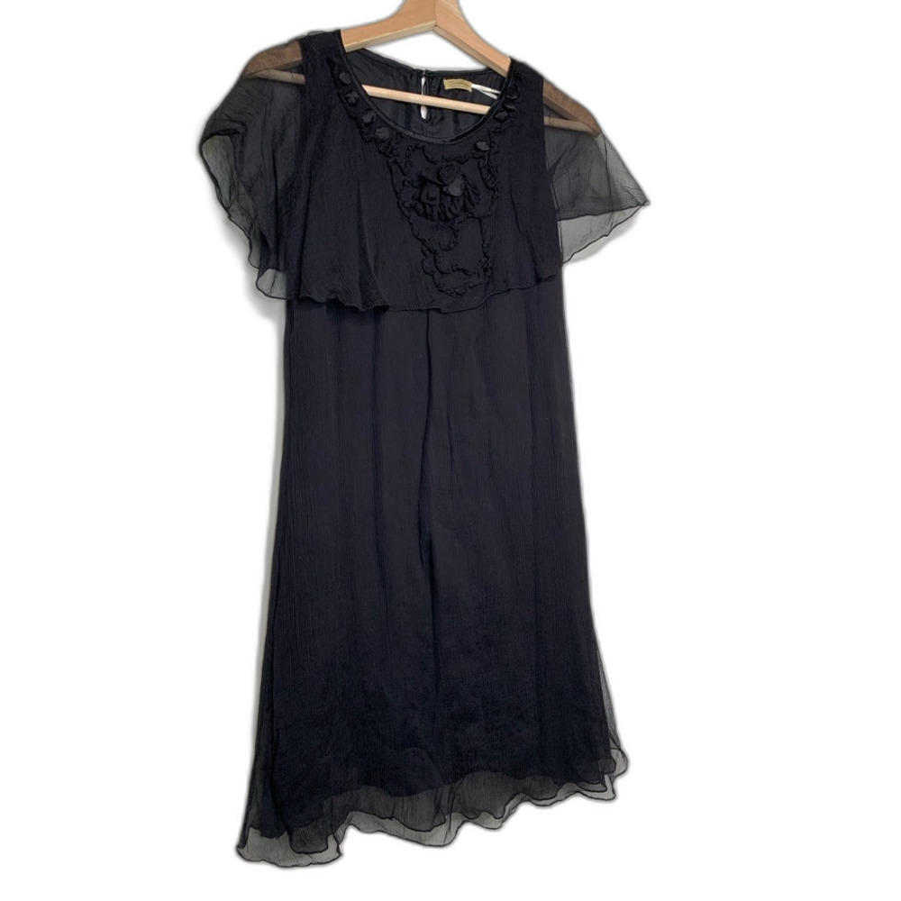 Max Studio Womens A Line Dress Black Scoop Neck Sleeveless Ruffles 100% Silk XS